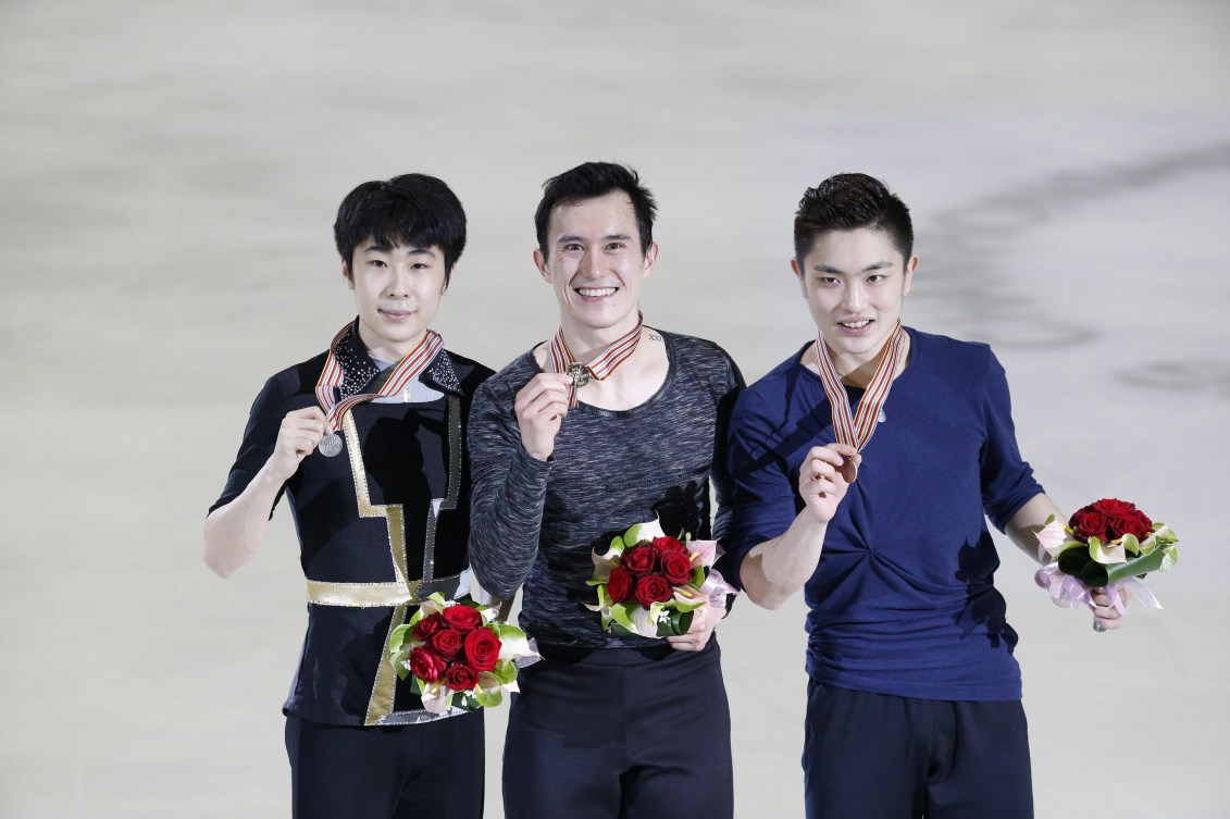 Patrick Chan (290,21) entouré du Chinois Boyang Jin (289,83 ) et son compatriote Han Yan (271,55).