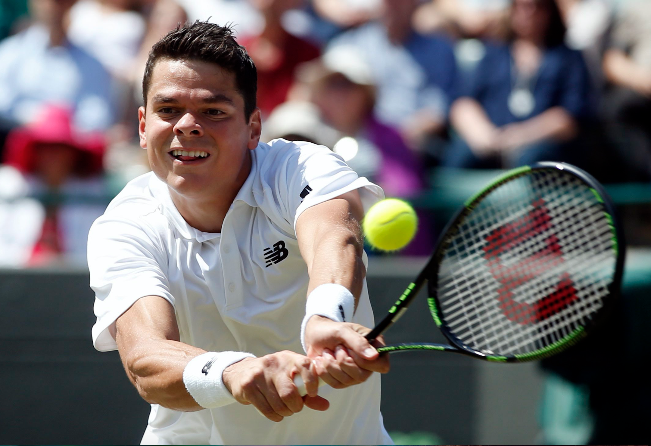 Raonic aux prises avec l'américain Sam Querrey au tournois de Wimbledon.