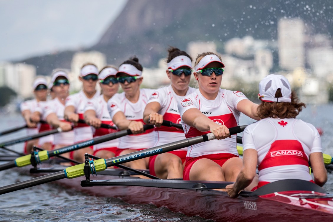 Le huit de pointe féminin canadien espérait mieux samedi au Stade Lagoa ( COC Photo/David Jackson).