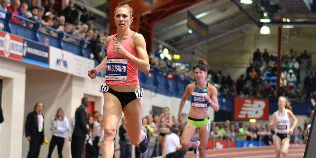 Kate Van Buskirk à la ligne d'arrivée de l'épreuve du 3000 m aux Millrose Games, à New York, le 11 février 2017. (Photo : Millrose Games)