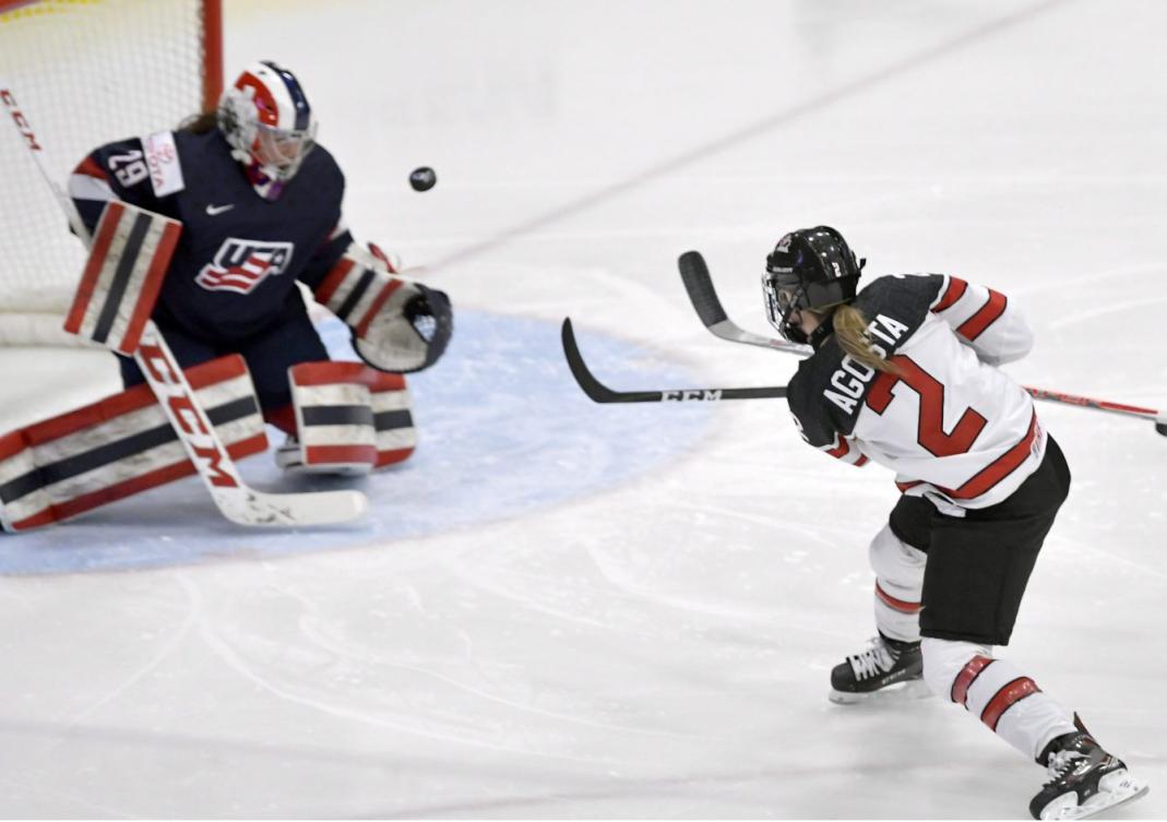 Canada's Meghan Agosta scores during the IIHF Ice Hockey Women's World Championship gold medal game April 7, 2017. THE CANADIAN PRESS/Jason Kryk